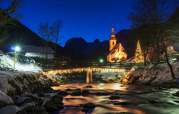 Picture winter, the sky, snow, landscape, night, bridge, the city, river, Christmas, stars, Austria, lighting, lights, …