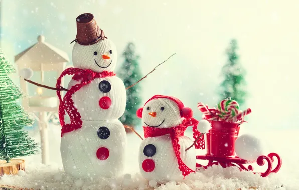Picture snow, holiday, new year, candy, snowmen, sled, figure, decor, composition, Svetlana Kolpakova