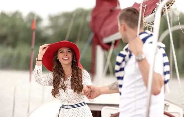 Picture girl, love, pair, guy, walk on the yacht