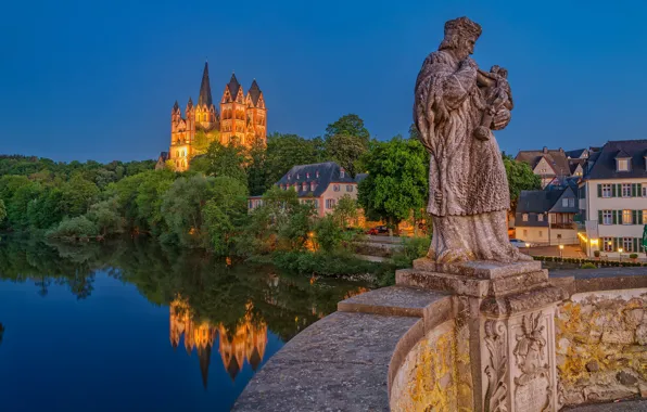Picture bridge, reflection, river, home, Germany, Cathedral, statue, Germany, Limburg an der Lahn, The Cathedral Of …