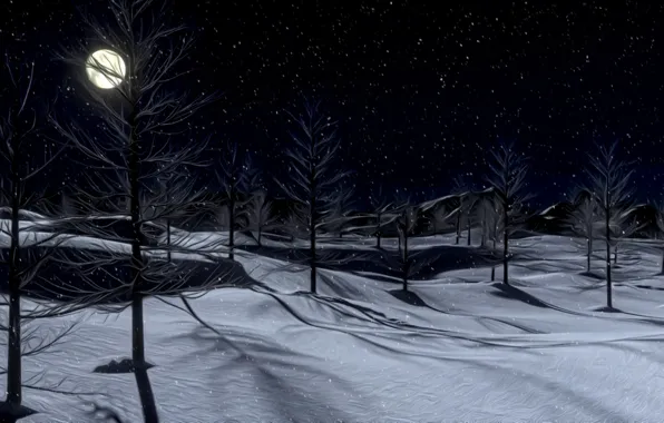 Picture winter, snow, night, rendering, the moon, silence, frost, shadows, moonlight, picture