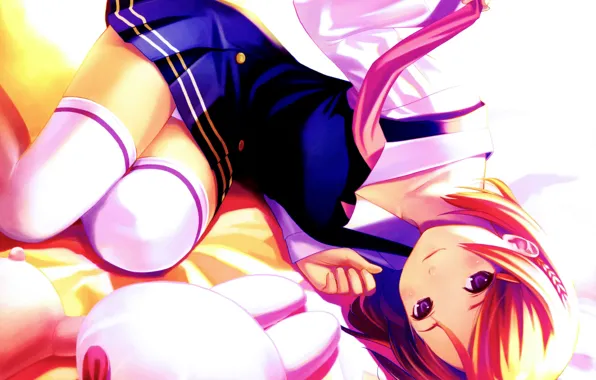 Picture schoolgirl, on the floor, lying on his side, white stockings, plush Bunny, by koutaro