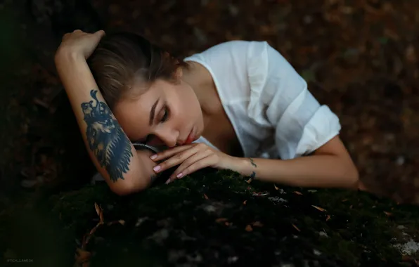 Picture girl, face, pose, mood, hands, tattoo, Christina, closed eyes, Denis Lankin