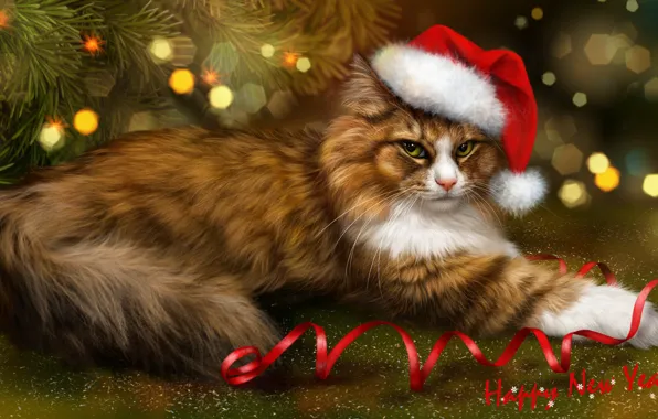 Picture cat, fluffy, red, New year, tree, serpentine, cap, cat