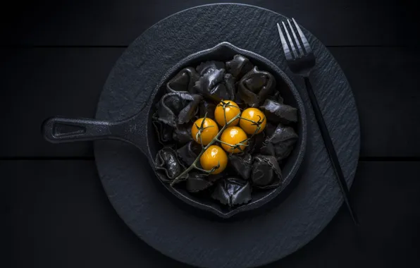 Picture the dark background, table, stylish, yellow, plug, tomatoes, tomatoes, black, stand, cherry, dumplings, pan
