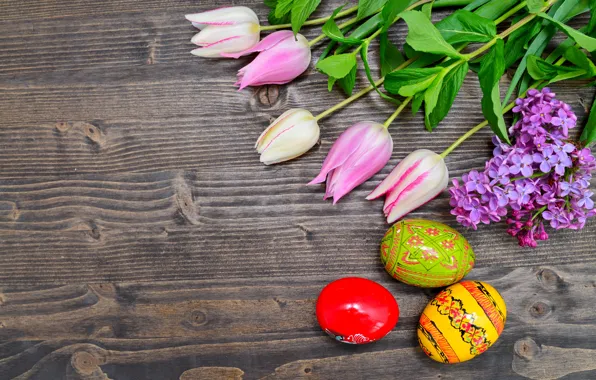 Picture flowers, eggs, Easter, tulips, happy, wood, pink, flowers, tulips, eggs, easter, decoration