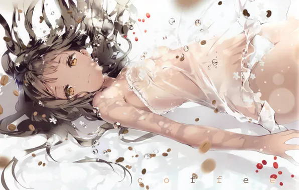 Picture bubbles, underwear, in the water, yellow eyes, coffee beans, coffee, spices, transparent fabric, by Anmi