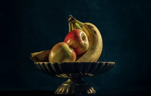 Picture the dark background, apples, bananas, vase, fruit, still life, stand