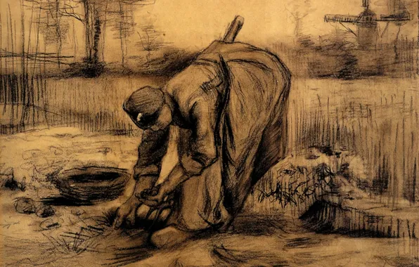 Picture Vincent van Gogh, pitchfork, a woman harvests, Peasant Woman, Lifting Potatoes 6