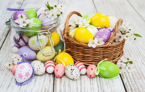 Picture flowers, eggs, colorful, Easter, happy, wood, pink, blossom, flowers, spring, Easter, eggs, decoration, basket