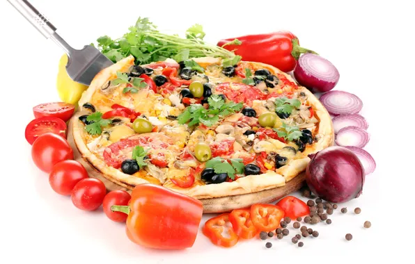 Picture cheese, pepper, vegetables, pizza, tomatoes, olives, delicious