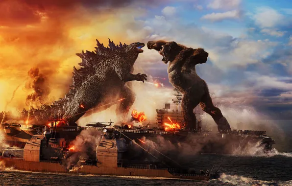 Picture King Kong, Monkey, King Kong, Ships, Battle, Two, Godzilla, Godzilla, The carrier, Gorilla, 2021, Годзилла …