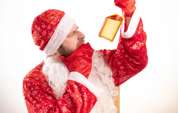 Picture look, red, face, pose, holiday, bottle, hands, Christmas, costume, alcohol, white background, New year, profile, …
