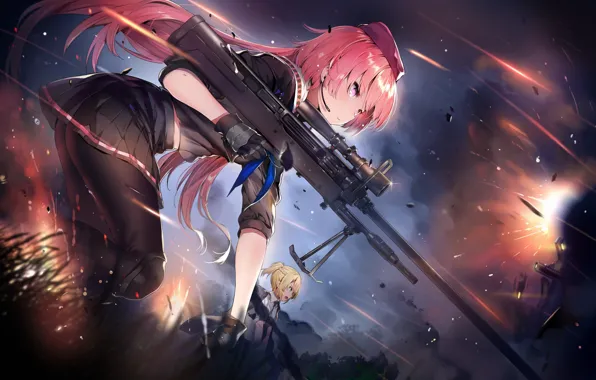 Picture girl, weapons, girls, war, anime, art, the fire, Girls Frontline