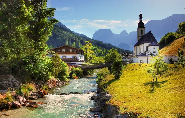 Picture landscape, mountains, bridge, river, home, Germany, Bayern, Alps, forest, Berchtesgaden, community