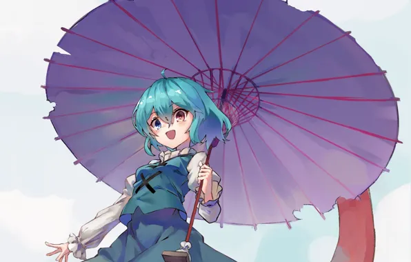 Picture umbrella, blue hair, different eyes, stuck out his tongue, Touhou Project, Project East, Tatara Kogas …