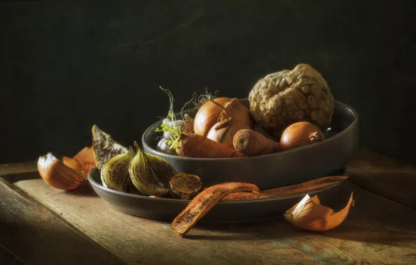 Picture light, the dark background, table, Board, bow, bowl, still life, vegetables, carrots, slices, mold, husk, …