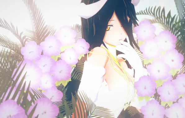 Picture leaves, girl, flowers, horns, Overlord, Albedo