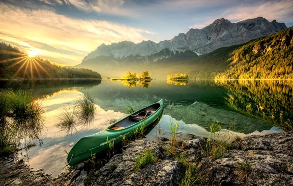 Picture the sun, rays, landscape, mountains, nature, lake, stones, shore, boat, morning, Canoeing