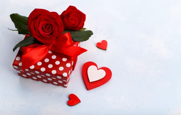 Picture flowers, red, holiday, box, gift, roses, hearts, red, bow, light background, Valentine's Day