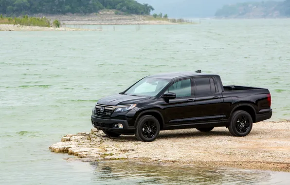 Picture black, shore, Honda, pickup, pond, Black Edition, Ridgeline, 2019