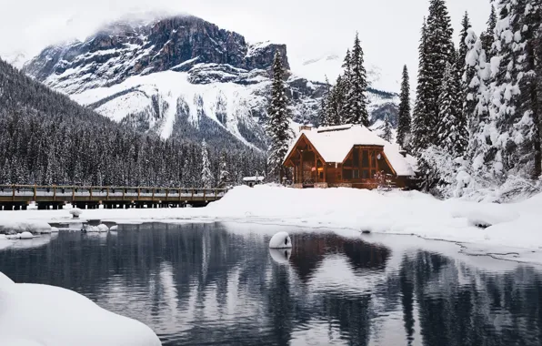Picture winter, mountains, lake, house, Emerald Lake