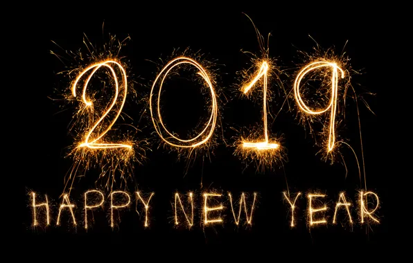 Picture gold, New Year, figures, golden, black background, black, background, New Year, fireworks, Happy, sparkle, 2019