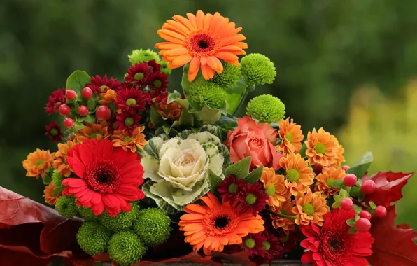 Picture flowers, bright, roses, bouquet, fruit, green, red, orange, gerbera, chrysanthemum, different, autumn