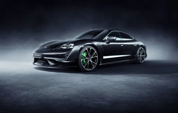 Picture Black, Porsche, Porsche, Black background, Porsche, Electro, Front, Drives, Black, Wheels, TechArt, Aerokit, 2021, Electric …