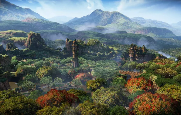 Picture forest, landscape, mountains, the city, structure, Uncharted: The Lost Legacy