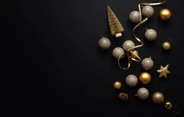 Picture background, gold, balls, black, toys, tree, New year, Valeria Maksakova