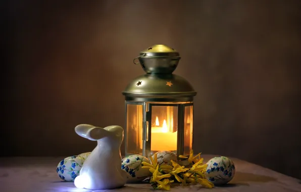 Picture holiday, lamp, candle, eggs, rabbit, Easter, lantern, figure, composition, Kovaleva Svetlana