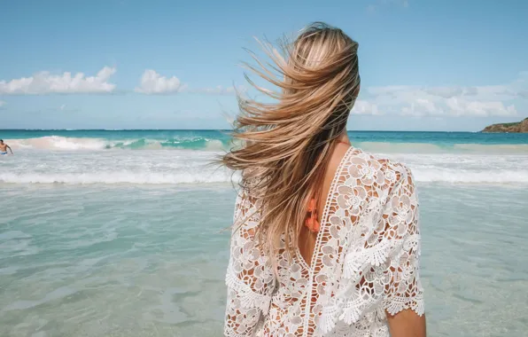 Picture wave, beach, girl, the ocean, the wind, hair