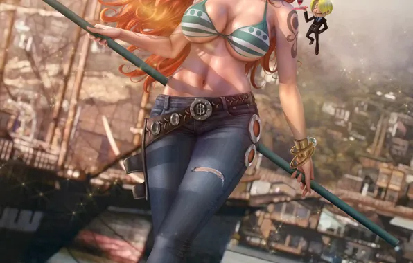 Picture girl, bra, cleavage, One Piece, boobs, breast, anime, tattoo, jeans, redhead, digital art, artwork, fantasy …