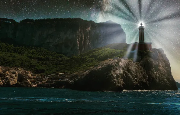 Picture sea, stars, rays, light, mountains, rocks, shore, lighthouse, treatment, the evening, twilight, pond, starry sky