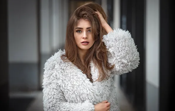 Picture look, pose, background, model, portrait, makeup, hairstyle, coat, fur, brown hair, beauty, Anna, in white, …