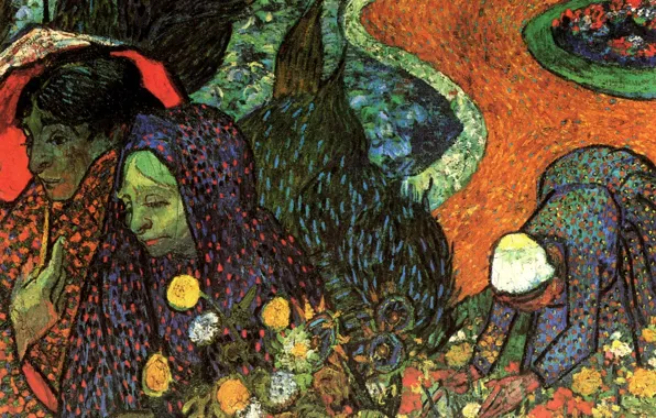 Picture women, flowers, umbrella, track, Vincent van Gogh, Garden at Etten, Memory of the