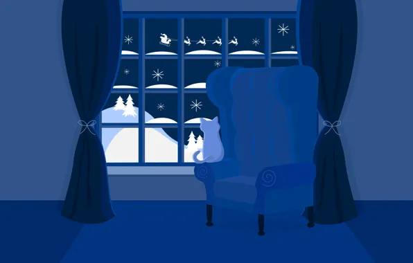 Picture Night, Cat, Room, Christmas, Window, New year, Curtains, Santa Claus, Deer, Sleigh, Развозит подарки