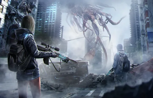 Picture girl, weapons, fiction, home, being, art, guy, backpack, art, skyscrapers, sci-fi, aliens