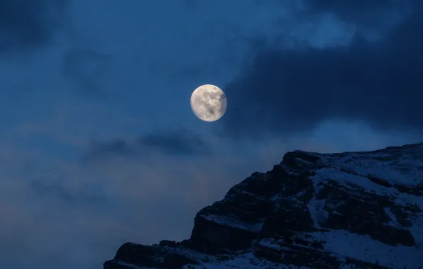 Picture winter, the sky, clouds, snow, mountains, night, nature, rocks, the moon, Canada, Canmore, Grotto Mountain