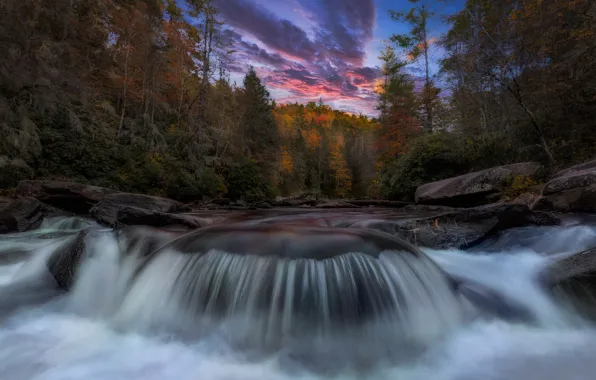 Picture autumn, forest, landscape, sunset, nature, river, stones, waterfall, USA