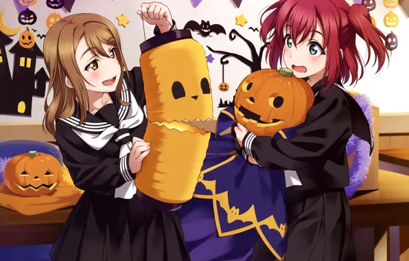 Picture class, halloween, school uniform, two girls, Love Live!, pumpkin with eyes, Love Live School Idol …