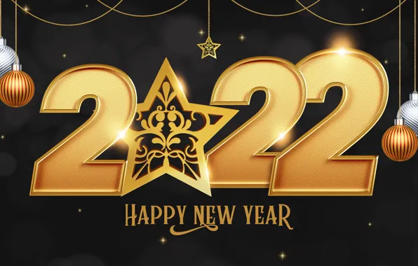 Picture balls, background, star, figures, New year, gold, 2022