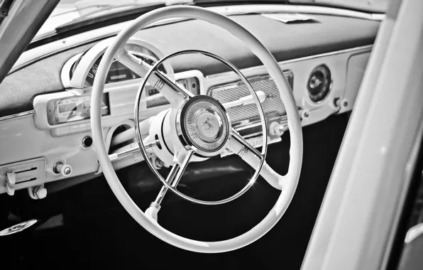 Picture retro, black & white, the wheel, USSR, Volga, the interior of the car, GAZ-21