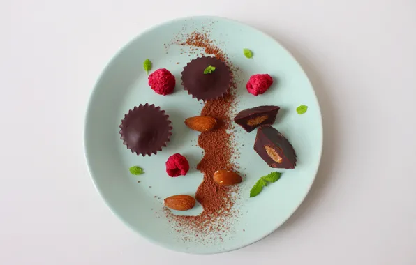 Picture candy, mint, dessert, almonds, cocoa, chocolate
