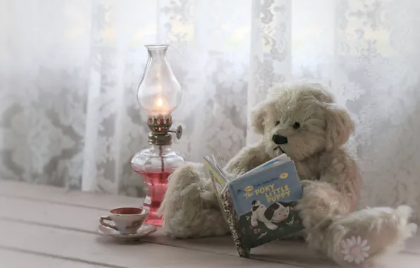 Picture white, childhood, style, retro, background, tea, toy, lamp, bear, window, bear, lantern, Cup, curtains, book, …