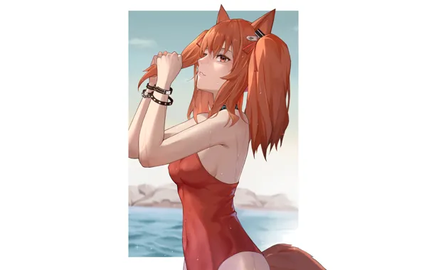 Picture girl, sexy, fox, anime, pretty, swimsuit, red head, kitsune, Foxy, mizugi