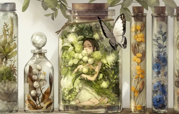 Picture bubbles, butterfly, fairy, jars, tube, tubes, plants and flowers, yellow flowers, blue flowers, white flowers