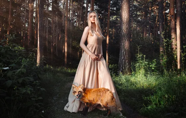 Picture forest, girl, trees, pose, dress, Fox, red, Karina, Zlobin Awesome, Valery Zlobin