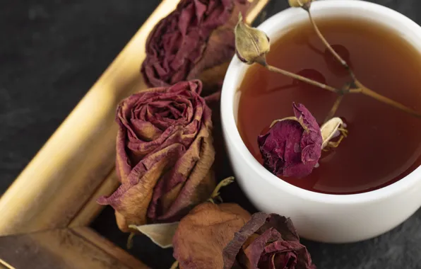 Picture flowers, tea, roses, frame, petals, dry, Cup, dried